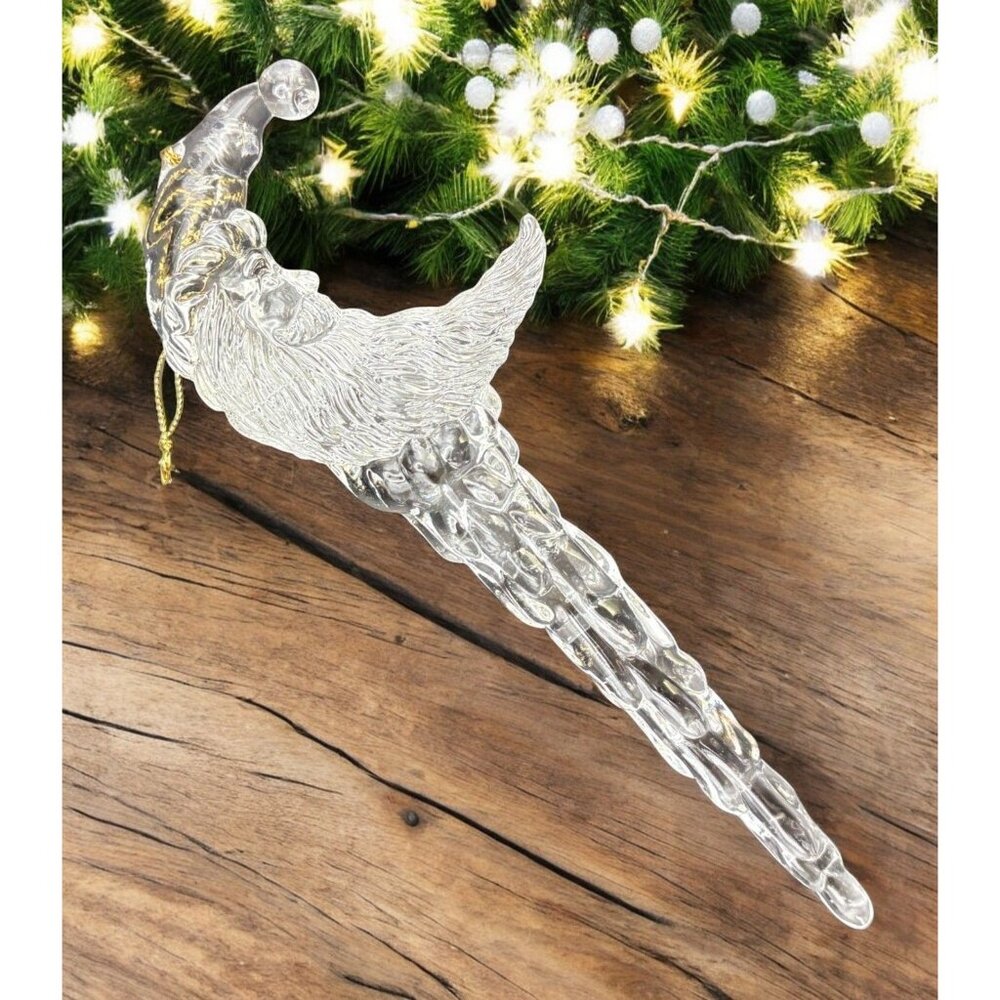 Vintage Crescent Moon Santa Claus Icicle Christmas Tree Ornament Clear Acrylic